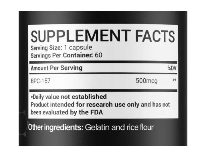 Supplement facts label for Heroic Muscle BPC-157 Capsules, Serving size 1 capsule, Servings per container 60, Amount per serving: 500mcg BPC-157 Arginine Salt
