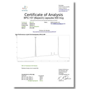 Certificate of Analysis for BPC-157 capsules with chromatogram graph on a white background