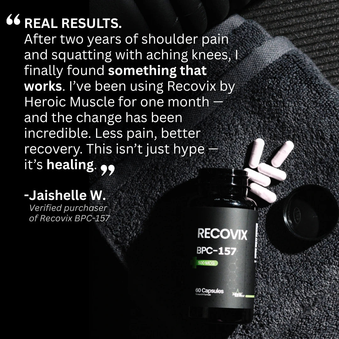 Black bottle of Recovix BPC-157 with a customer testimonial about healing knee and shoulder pain on a dark background