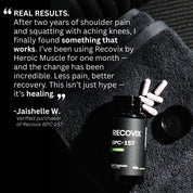 Black bottle of Recovix BPC-157 with a customer testimonial about healing knee and shoulder pain on a dark background