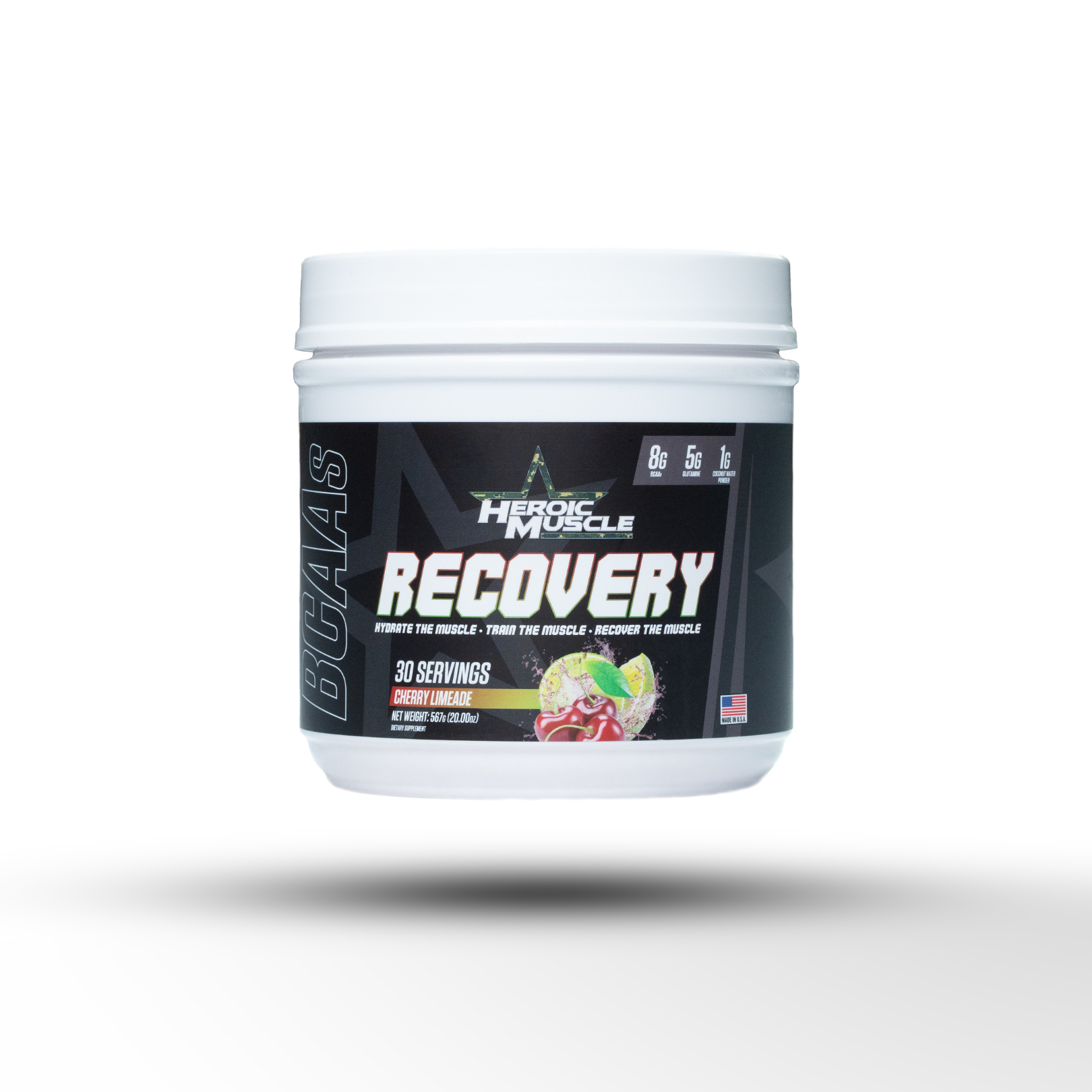 Front label of Heroic Muscle Recovery Hydrating BCAAs and Electrolyte Mix in Cherry Limeade flavor