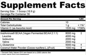 Supplement facts for Heroic Muscle Hydrating BCAAs and Electrolyte Mix, serving size 1 scoop, servings per container 30