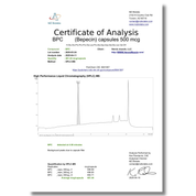 Certificate of Analysis for BPC capsules with chromatogram graph on a white background