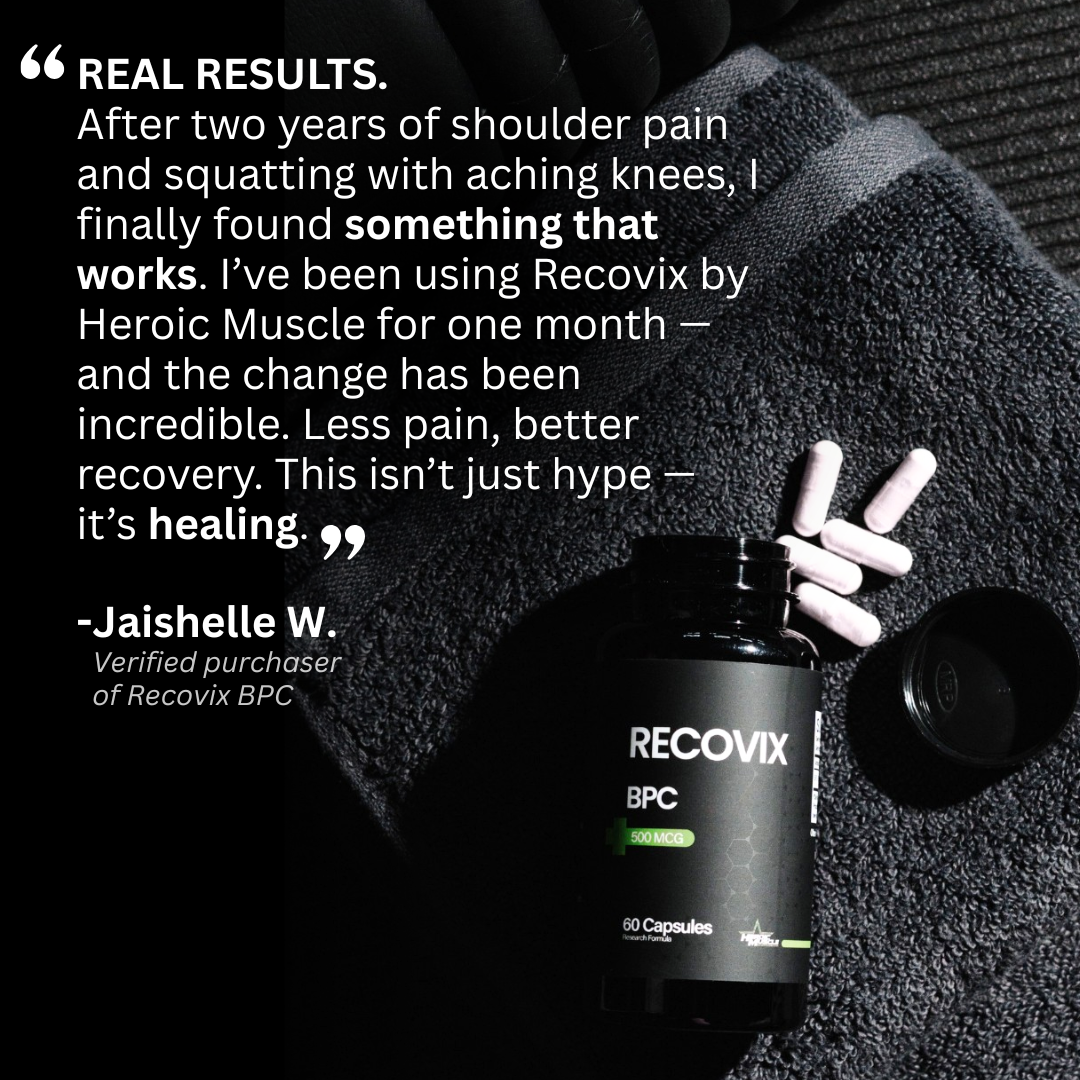 Recovix BPC bottle on black background with customer review: "After two years of shoulder pain and squatting with aching knees, I finally found something that works." 