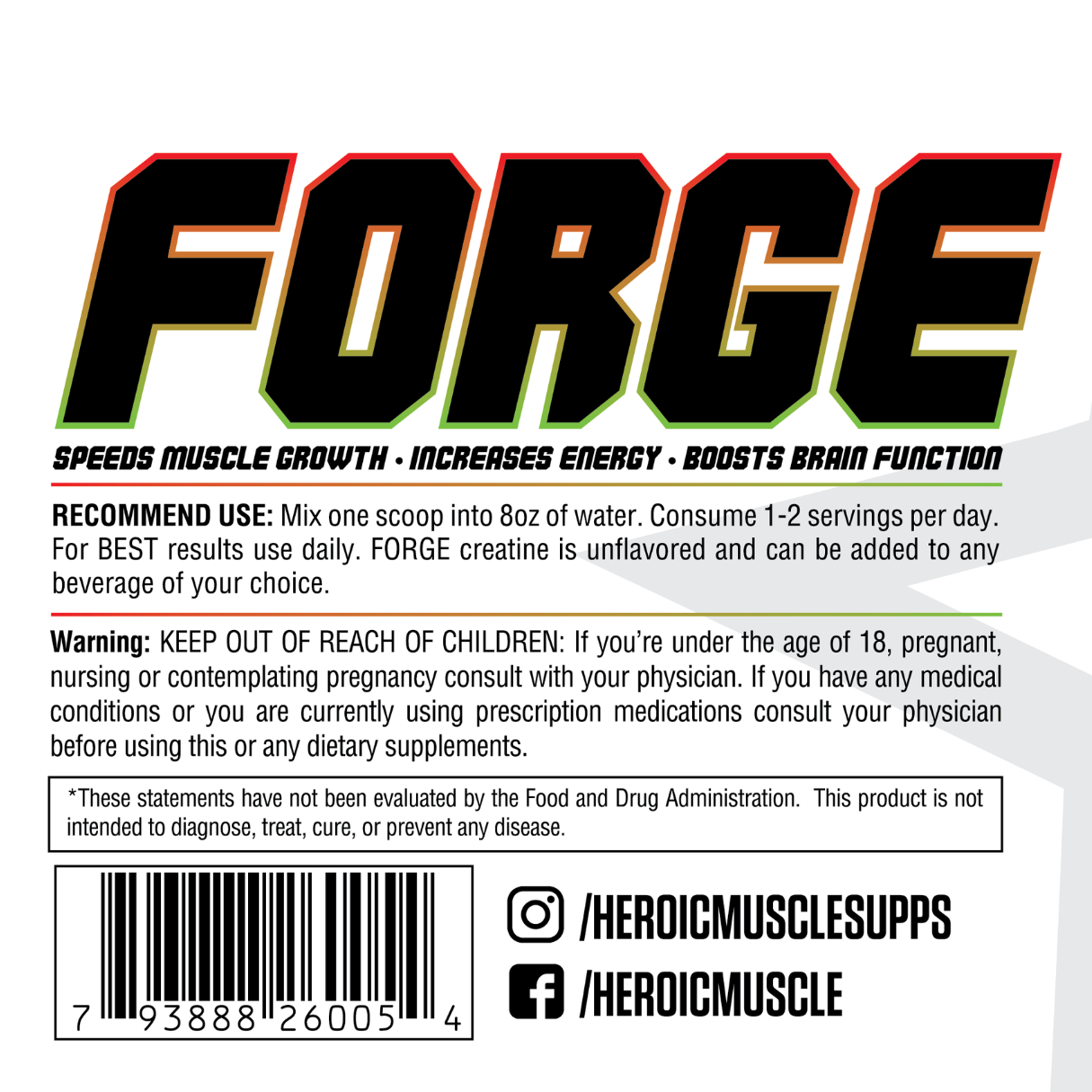 Forge Creatine label containing recommended use and warning statements