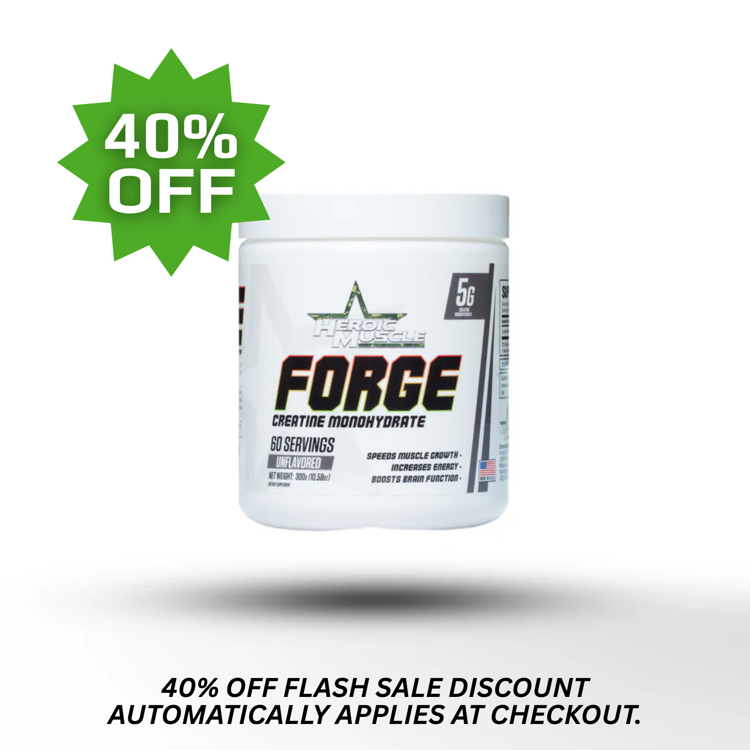 Creatine supplement powder container with Heroic Muscle branding with a 40% off discount badge on a white background