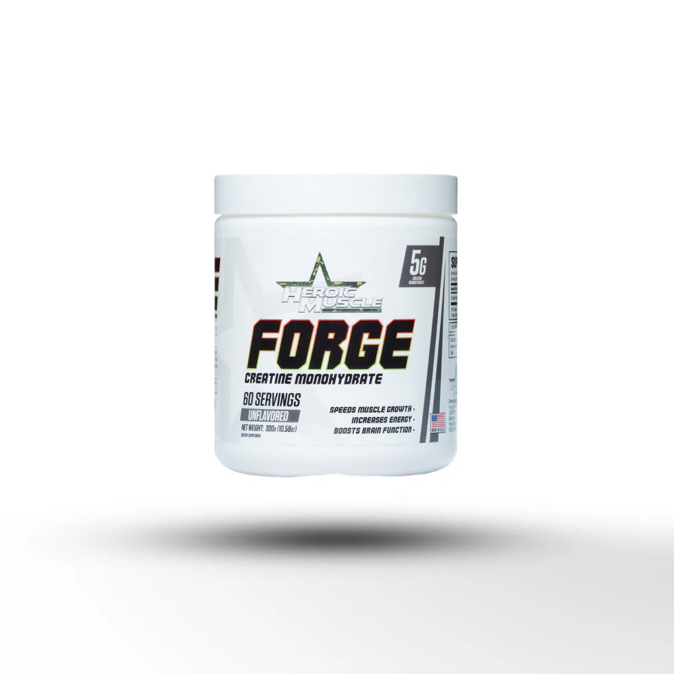Container of Creatine Monohydrate supplement powder with Heroic Muscle branding