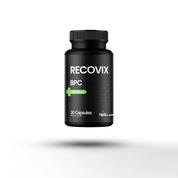 Black bottle of Recovix BPC 30 count on a white background