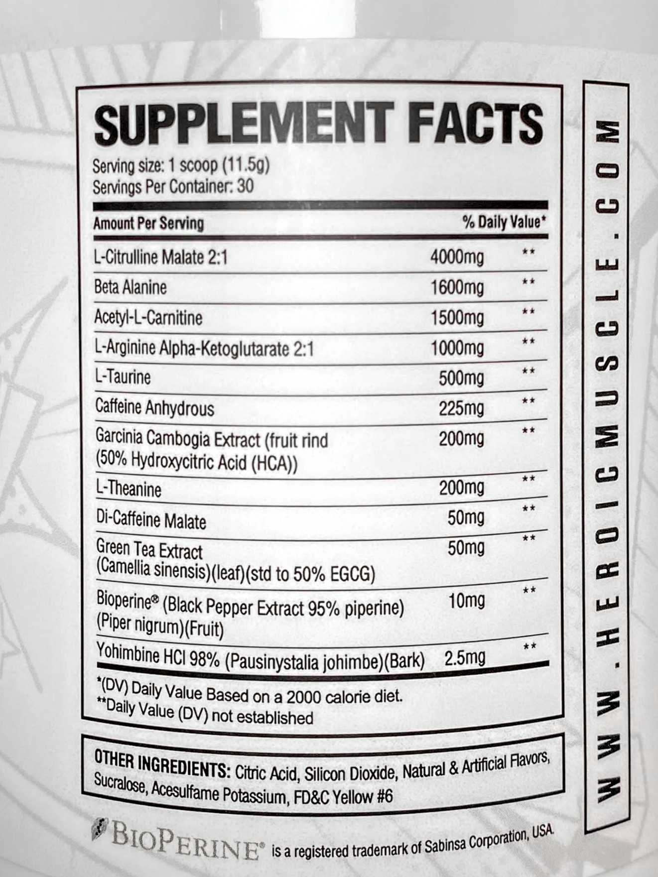 Supplement facts for Heroic Muscle fat burning pre-workout mix, serving size 1 scoop, servings per container 30