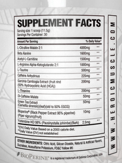 Supplement facts for Heroic Muscle fat burning pre-workout mix, serving size 1 scoop, servings per container 30